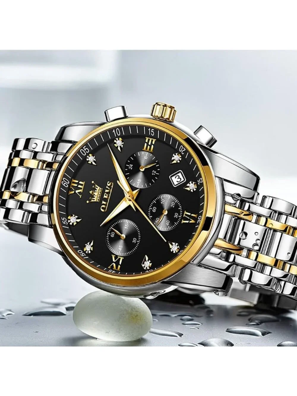 Men's Black Face/Two Tone Strap Stainless Steel Chronograph Waterproof  Watch